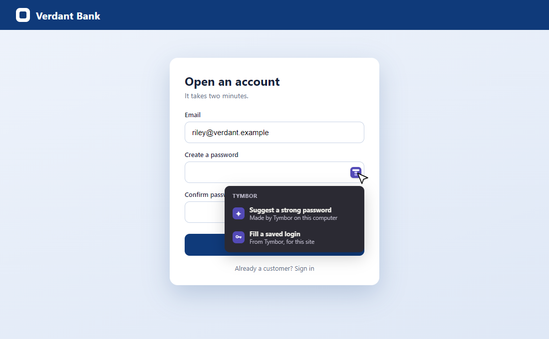 The menu on a sign-up page