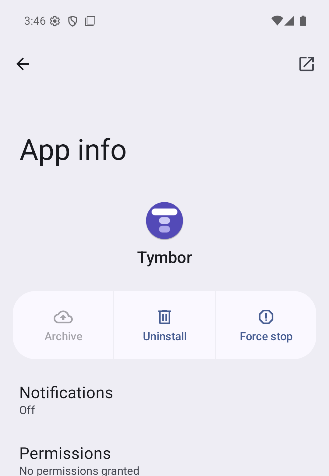 Tymbor listed as an installed app on an Android phone