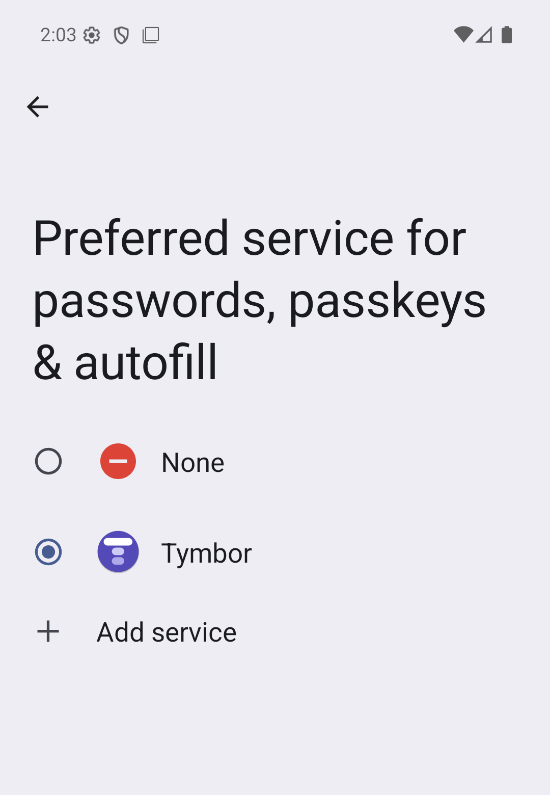 Android's own settings listing Tymbor as an autofill service