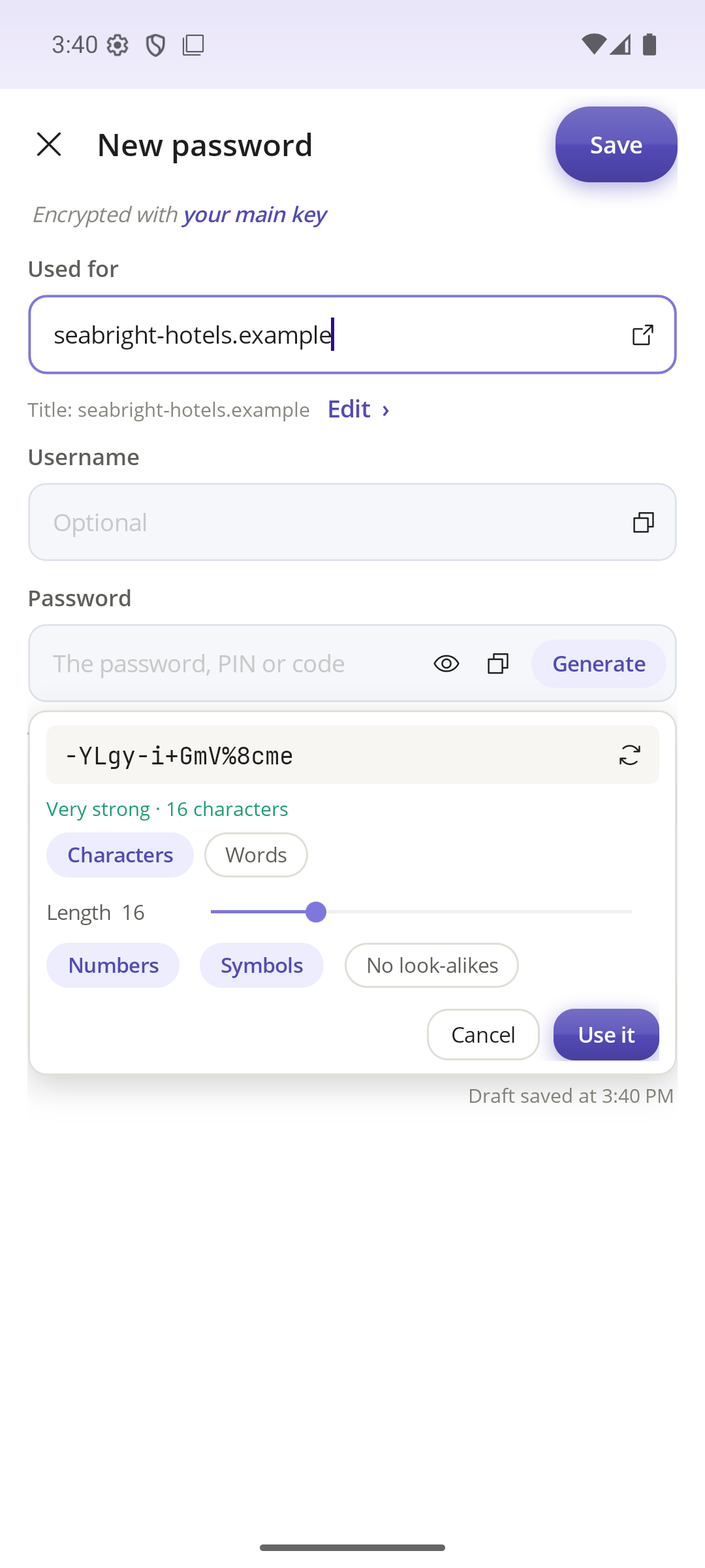 Strong passwords on demand on the phone