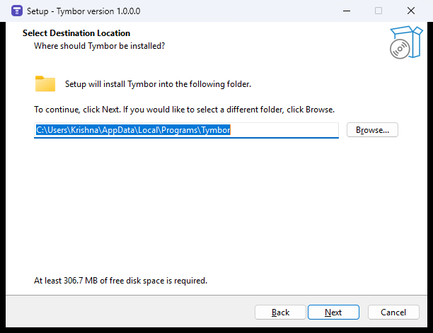 The Tymbor Windows installer asking where to install